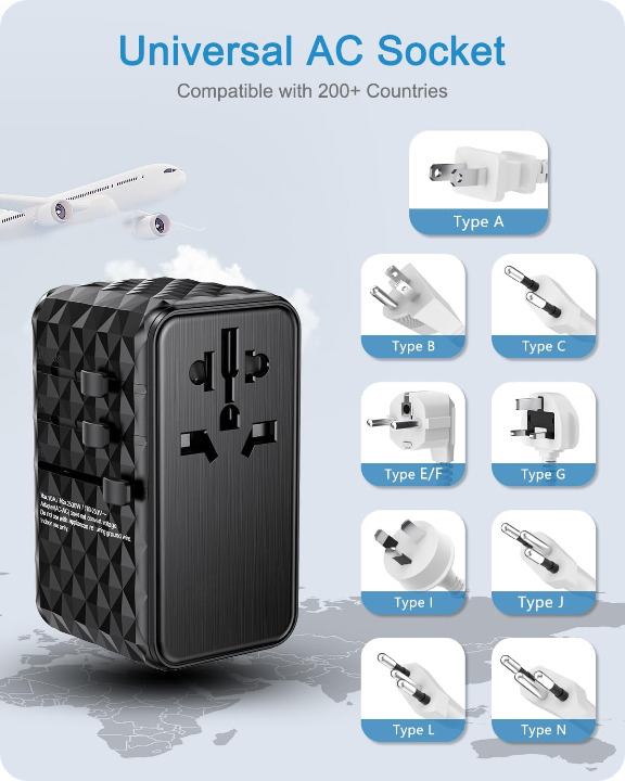 International Travel Adapter 120W, GaN Universal Travel Adapter with 1 USB-A & 3 Type C