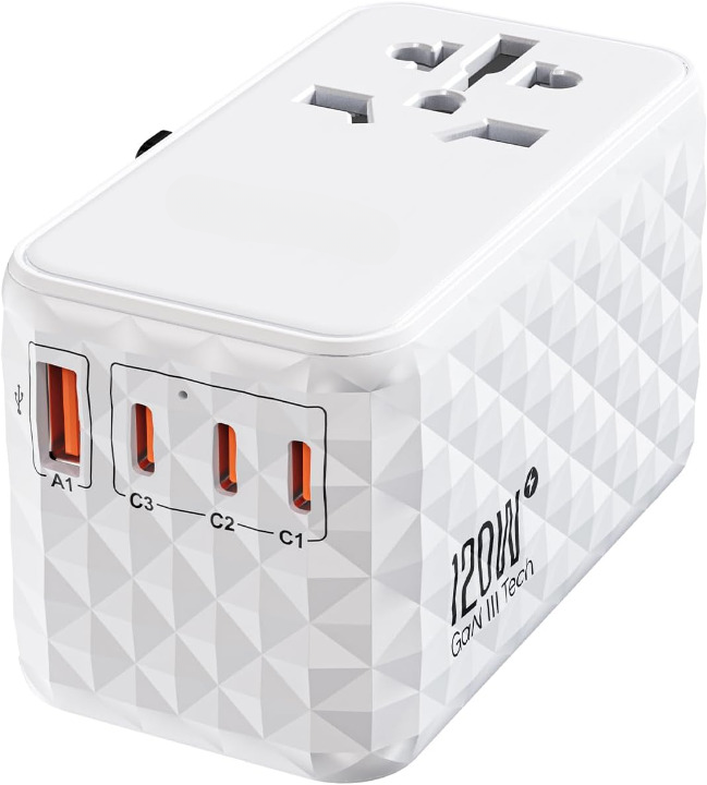 International Travel Adapter 120W, GaN Universal Travel Adapter with 1 USB-A & 3 Type C